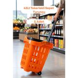 5 Adet - 43 LT Tekerlekli Market Sepeti | Plastik Alışveriş Sepeti Ergonomik Çift Saplı Turuncu