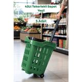 5 Adet - 43 LT Tekerlekli Market Sepeti | Plastik Alışveriş Sepeti Ergonomik Çift Saplı Yeşil