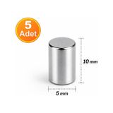 5 Adet - 5x10 Mm Neodyum Mıknatıs Yuvarlak Güçlü Neodim