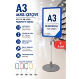 5 Adet - A3 Ayaklı Çerçeve Seti Yuvarlak Tabanlı Teleskopik Fiyat Etiketi Standı Mavi