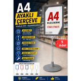 5 Adet - A4 Ayaklı Çerçeve Seti Yuvarlak Tabanlı Teleskopik Fiyat Etiketi Standı Gri