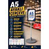 5 Adet - A5 Ayaklı Menü Ve Fiyat Bilgi Standı Yuvarlak Tabanlı Teleskopik Çerçeve Etiketlik Siyah