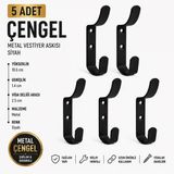 (5 Adet) Çengel Metal Portmanto Vestiyer Duvar Dolap Elbise Askısı Siyah Mobilya Askılığı Aparatı