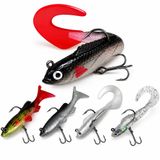 5 Adet Çift İğneli Yumuşak Silikon Sahte Olta Yemi Seti, 8 cm ve 10 cm Jig Head T-Tail Wobbler, 3D Gözlü Karbon Çelik Kancalı Tatlı Tuzlu Su Levrek Alabalık Turna Bass Avı İçin Silikon Yem Takımı