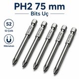 (5 Adet) Manyetik S2 Çelik 75 Mm 7.5 Cm Ph2 Bits Uç Tornavida Matkap Vidalama Manyetik Vidalama Ucu
