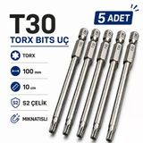 (5 Adet) Manyetik S2 Torx T30 Bits Uç 100 Mm Uzun Tornavida Matkap Vidalama Manyetik Vidalama Ucu