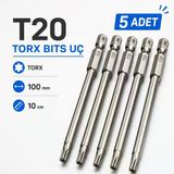 (5 Adet) Manyetik Uzun Torx T20 Bits Uç 100 Mm Uzun Tornavida Matkap Vidalama Manyetik Vidalama Ucu