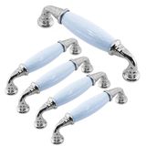 (5 Adet) Mavron Mavi Porselen Krom Kulp 96 Mm 9.6 Cm Mobilya Çekmece Dolabı Dolap Kapak Kulb Kulpu