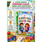 5 Adet Okula Yeni Başlayan Öğrencilere Sınıfımıza Hoşgeldin Yazılı Hediye Seti 1. Sınıf- Sene Başı Hatırası Ayıcık Desenli Görünmez Kalem Tebrik Kartı Hediyeli