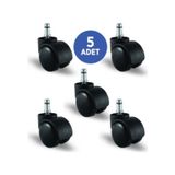 5 Adet Pimli Mobilya Tekerleği Çap:50, 5Li Set, Geniş Tip