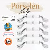 (5 Adet) Vionel Porselen Beyaz Krom Kulp 128 Mm 12.8 Cm Mobilya Çekmece Dolabı Dolap Kapak Kulb Kulp