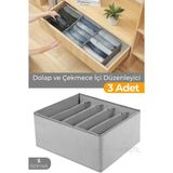 5 Bölmeli Dolap ve Çekmece Içi Düzenleyici Saklama Kutusu Organizer - Gri Benekli - 3 Adet - Füme - Gri