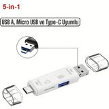 5 In 1 Çok Fonksiyonlu USB 2.0 Micro Sd Kart Okuyucu - Beyaz - Usb/micro Usb/type-C Çıkışlı, Otg Çevirici