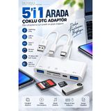 5 In 1 Lightning Usb-A Type-C Çıkışlı Çoklu Otg Çevirici Adaptör Sd Tf Kart Okuyucu USB Hub - Beyaz