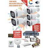 5 Kameralı Sesli Güvenlik Kamerası Seti - Gece Renkli 5mp Sony Seculens, 1080P Full Hd Ahd, 4 Warm Led, Colorvu - Plastik Kasa - Beyaz