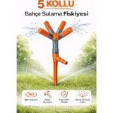 5 Kollu Bahçe Sulama Fıskiyesi, 360° Döner Sprinkler, Plastik, Otomatik Sulama Aparatı, Zemin Çivisi ile Kolay Kurulum