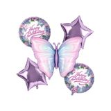 5 Li Kelebek Temalı Happy Birthday Folyo Balon Seti Lila Yıldızlı Doğum Günü Süsü Mor