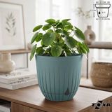5 Litre Çizgi Saksı 21cm Tabaklı Delikli Plastik Drenajlı Çiçek Saksısı - Su Yeşili
