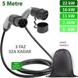 5 Metre, Elektrikli Araç Şarj Kablosu 22KW-16KW-11KW-7,4KW-5KW-3,7KW 32A Kadar -Tr-Ab Tüm Tip 2 Araçlara Uyumlu