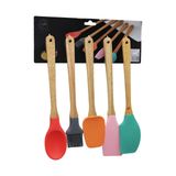 5 Parça Ahşap Saplı Büyük Renkli Silikon Mutfak Set Fırça- Kaşık - Servis K. - Spatula - Karıştırıcı