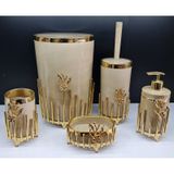5 Parça Akrilik Yuvarlak Banyo Seti Krem Mermer Gold Japon Güllü Krem