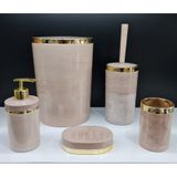 5 Parça Akrilik Yuvarlak Banyo Seti Somon Mermer Gold Kromaj Somon