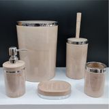 5 Parça Akrilik Yuvarlak Banyo Seti Somon Mermer Gümüş Kromaj Somon