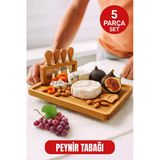 5 Parça Bambu Peynir Sunum Tahtası Seti – Bıçak, Çatal Ve Spatulalı Şık Peynir Kesim Panosu