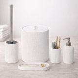 5 Parça Dekoratif Banyo Seti – Doğal Dokulu Modern Banyo Aksesuar Seti, Çöp Kovası Tuvalet Fırçası Sabunluk Diş Fırçalık Tepsi (Beyaz)