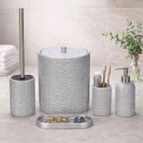 5 Parça Dekoratif Banyo Seti – Doğal Dokulu Modern Banyo Aksesuar Seti, Çöp Kovası Tuvalet Fırçası Sabunluk Diş Fırçalık Tepsi (Gümüş)