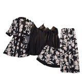 5 Parça Lüks Saten Pijama Takımı, Çiçek Desenli Gecelik Sabahlık Robe Kadın İç Giyim Seti, Siyah (SİYAH, L)