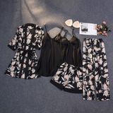 5 Parça Lüks Saten Pijama Takımı, Çiçek Desenli Gecelik Sabahlık Robe Kadın İç Giyim Seti, Siyah (SİYAH, L)