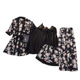 5 Parça Lüks Saten Pijama Takımı, Çiçek Desenli Gecelik Sabahlık Robe Kadın İç Giyim Seti, Siyah (YEŞİL, S)