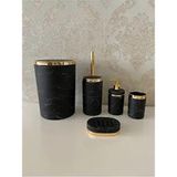 5 Parça Mermer Desen Mat Banyo Seti / Wc Fırçalık, Sıvı - Katı Sabunluk, Çöp Kovası, Diş Fırçalık - Siyah