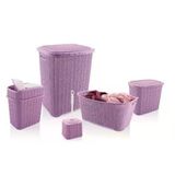 5 Parça Örgü Desenli Plastik Banyo Seti Çamaşır Sepeti Deterjanlık Kovası Klozet Fırçası - Mor