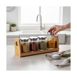 5 Parça Paslanmaz Çelik Kapaklı Cam Baharatlık Seti - Ahşap Standlı Tezgah Üstü Şeffaf Baharat Takımı ve Mutfak Düzenleyici Organizer Kavanoz Seti - 0,1 kg