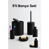 5 Parça Siyah Banyo Seti Yuvarlak Çöp Kovası Tuvalet Fırçası Sabunluk Fırçalık Modern
