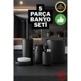 5 Parça Siyah Çizgili Yuvarlak 5'li Eco Banyo Seti Çöp Kovası Tuvalet Fırçası Sabunluk Diş Fırçalık