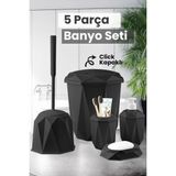 5 Parça Vanity Klik Kapaklı Banyo Seti - Dekoratif Çöp Kovası Diş Fırçalık Sabunluk Fırça Seti - Siyah