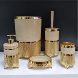 5 Parça Yuvarlak Akrilik Ferforje Kafes Banyo Seti Krem Mermer Gold Krem