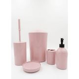 5 Parça Yuvarlak Lüks Banyo Seti – Sert Plastik Çöp Kovalı, Sıvı Sabunluklu, Diş Fırçalıklı ve Klozet Fırçalı Standart Banyo Takımı, Düzenleyici ve Aksesuar Seti (Pembe)