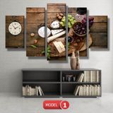5 Parçalı Mutfak Temalı Saatli Kanvas Tablo