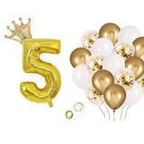 5 Rakam Gold Folyo Balon, Kral Tacı Ve Konfetili Gold Balon
