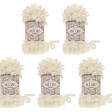 5 x 100 gram örgü yünü Alize Puffy, 500 gram parmak örgüsü - yün süper hacimli, halka yünü, iğnesiz örgü (krem 62)