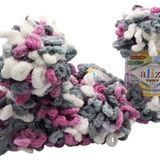 5 x 100 gram örgü yünü Alize Puffy Color, 500 gram parmak örgüsü - yün çok renkli süper hacimli, ilmik yün, iğnesiz örgü (pembe gri beyaz 6070)