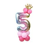 5 Yaş Gökkuşağı Renkleri Rakam Balon Altın Taçlı 5 Rakamlı Balon