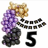 5 Yaş Siyah, Gold, Mor Balon+Banner Seti