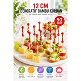 50 Adet Dekoratif Kırmızı Örgülü Bambu Kürdan 12 cm Kokteyl Parti Kanepe Sunum Çubuğu Seti Paket