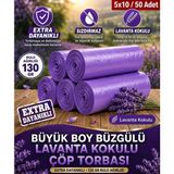 50 Adet Extra Dayanıklı(Rulo 130GR) Lavanta Kokulu Büzgülü Büyük Boy Çöp Poşeti - 65 x 70 cm
