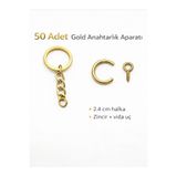 50 Adet Gold Anahtarlık Halkası Seti 2,4 cm Zincirli Vida Uçlu Aparat